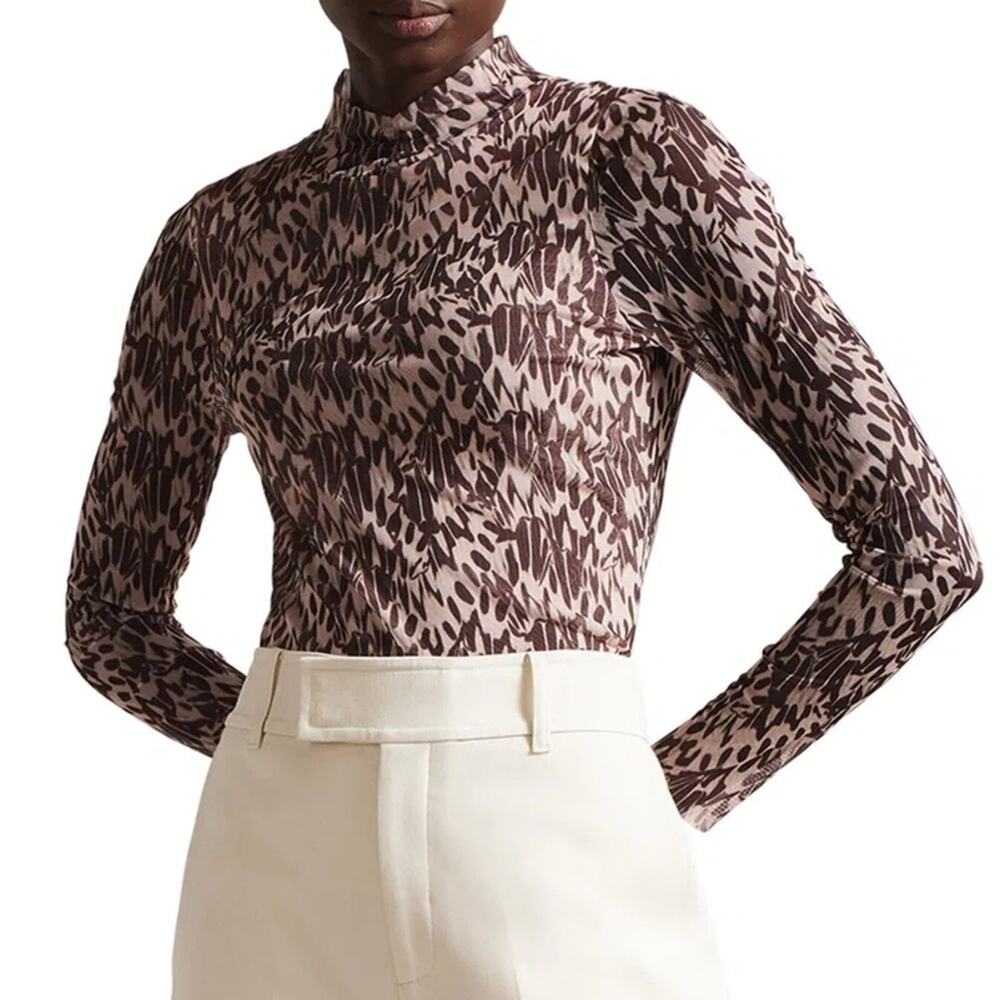 Ted Baker Women’s Jumila Fitted High Neck Semi Sheer Pink Brown Top Size 3 Small